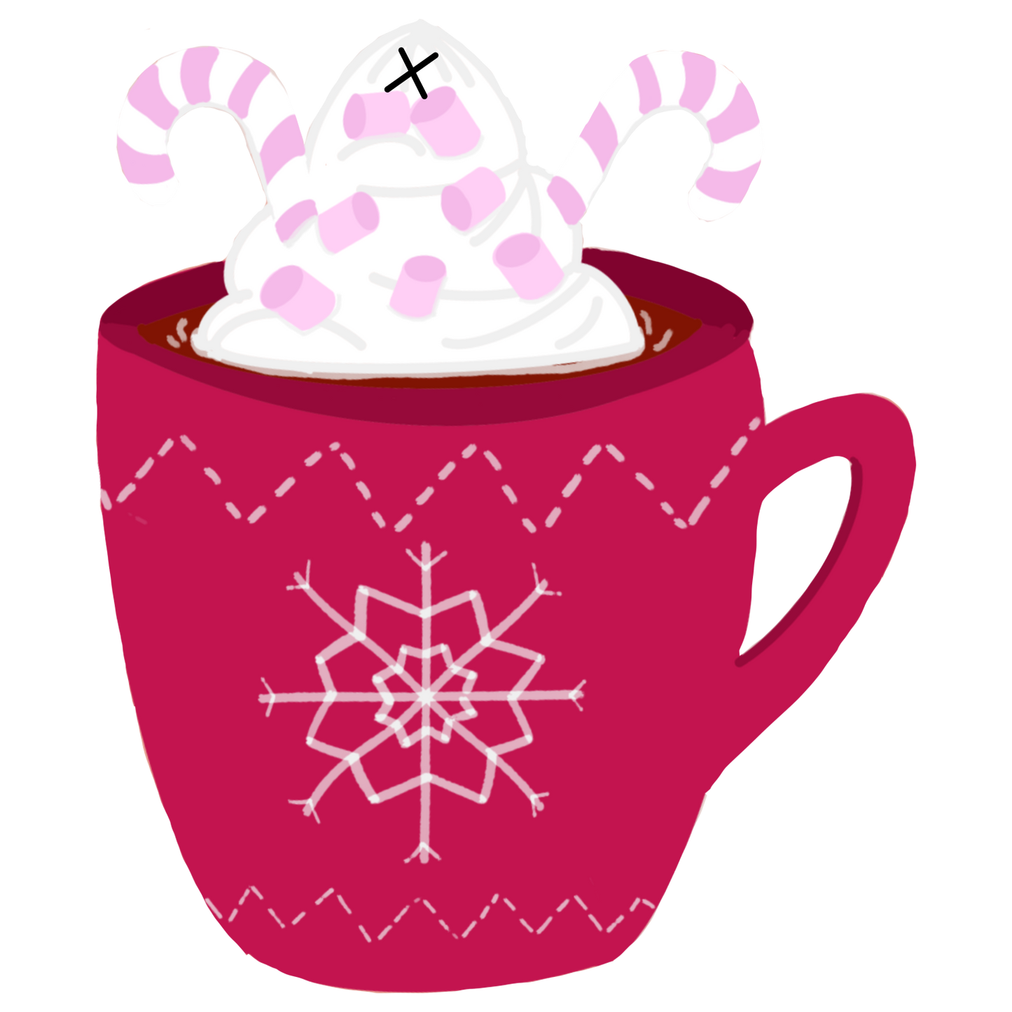Pink mug with snowflake pattern, whipped cream, and candy canes gift tag