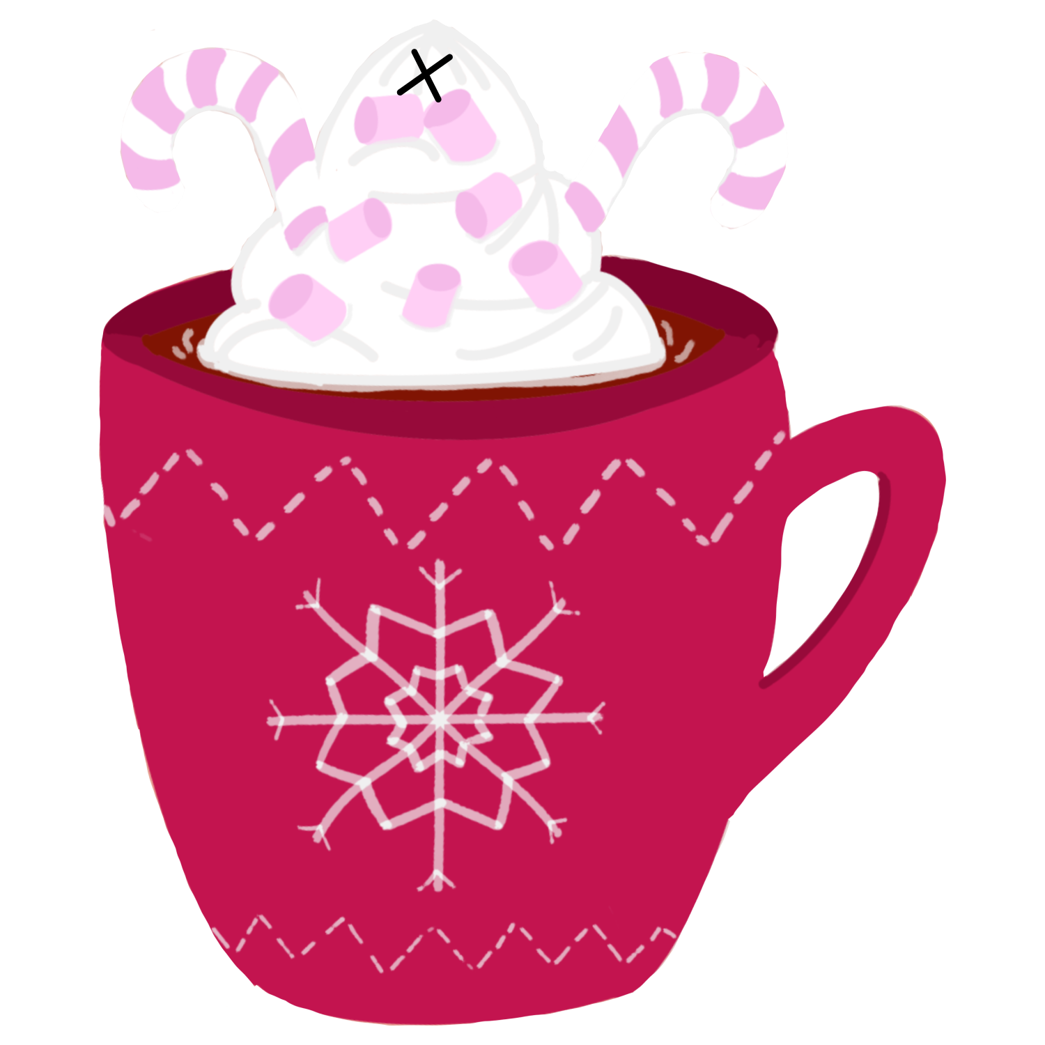 Pink mug with snowflake pattern, whipped cream, and candy canes gift tag