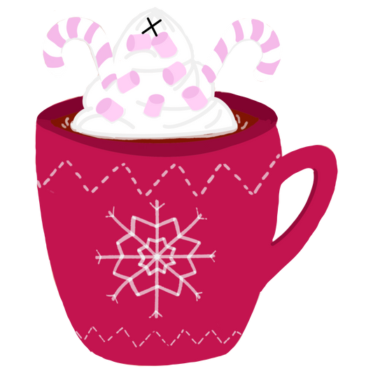 Pink mug with snowflake pattern, whipped cream, and candy canes gift tag