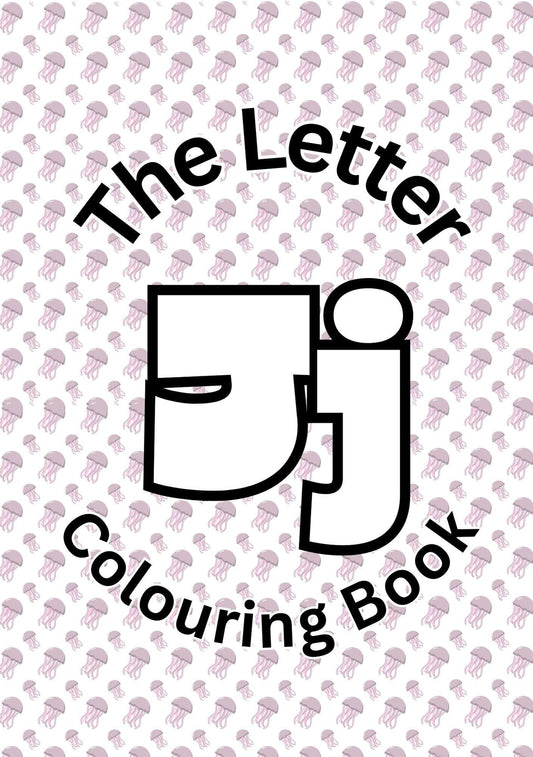 Cover of 'The Letter J Colouring Book' featuring a white background with a pattern of letters 'j' and the title text.