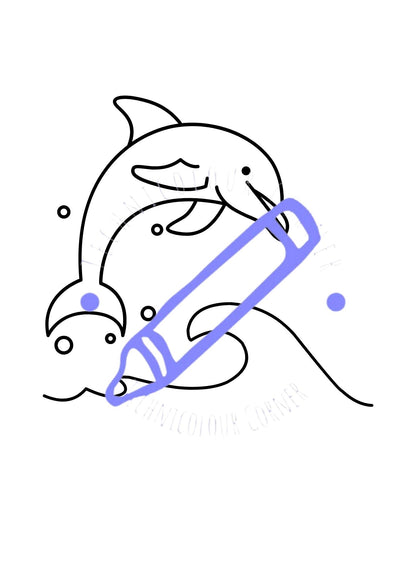 a colouring page of a dolphin jumping across a wave
