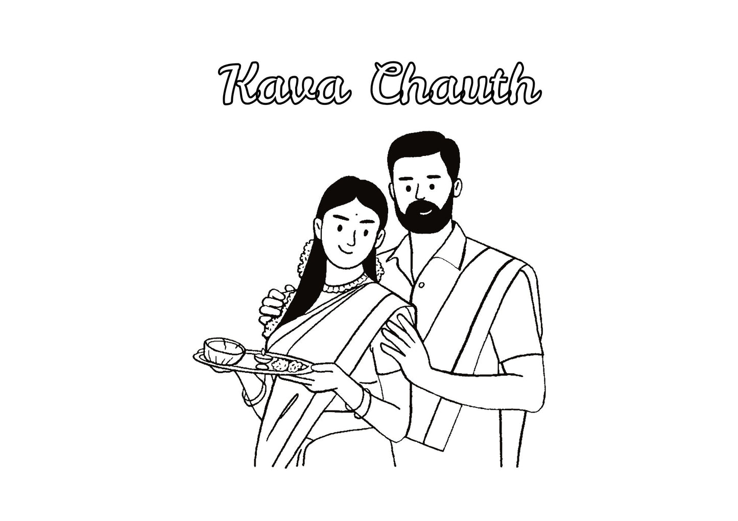 Black and white illustration of a couple with 'Kava Chauth' text on a white background