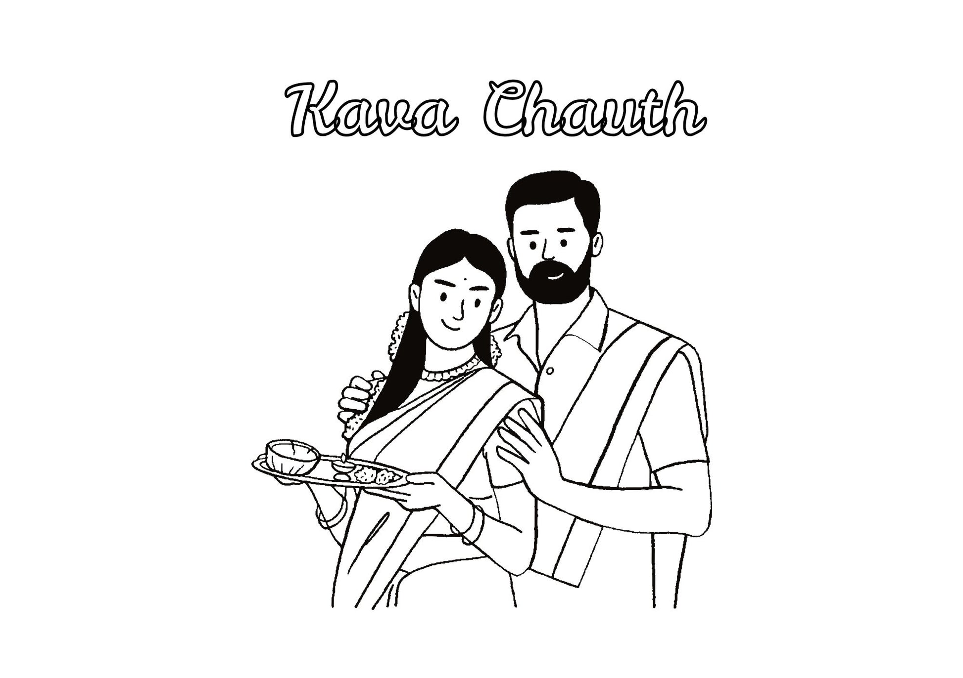 Black and white illustration of a couple with 'Kava Chauth' text on a white background