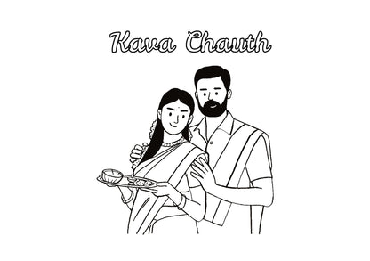 Black and white illustration of a couple with 'Kava Chauth' text on a white background
