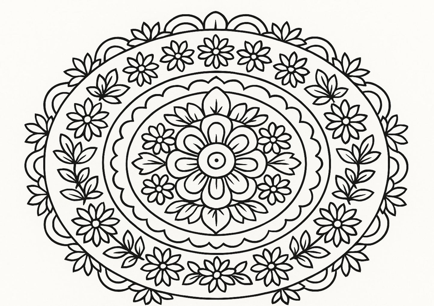 Black and white floral mandala design on a white background