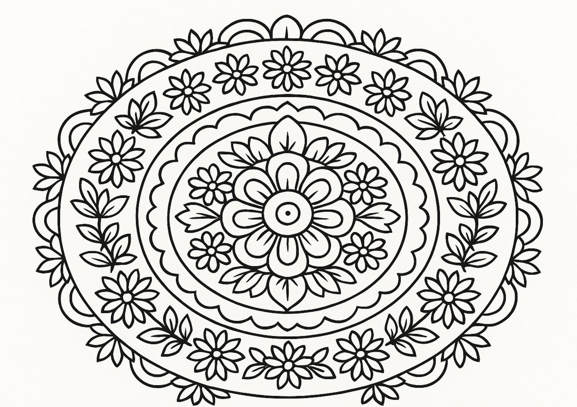 Black and white floral mandala design on a white background