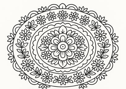 Black and white floral mandala design on a white background