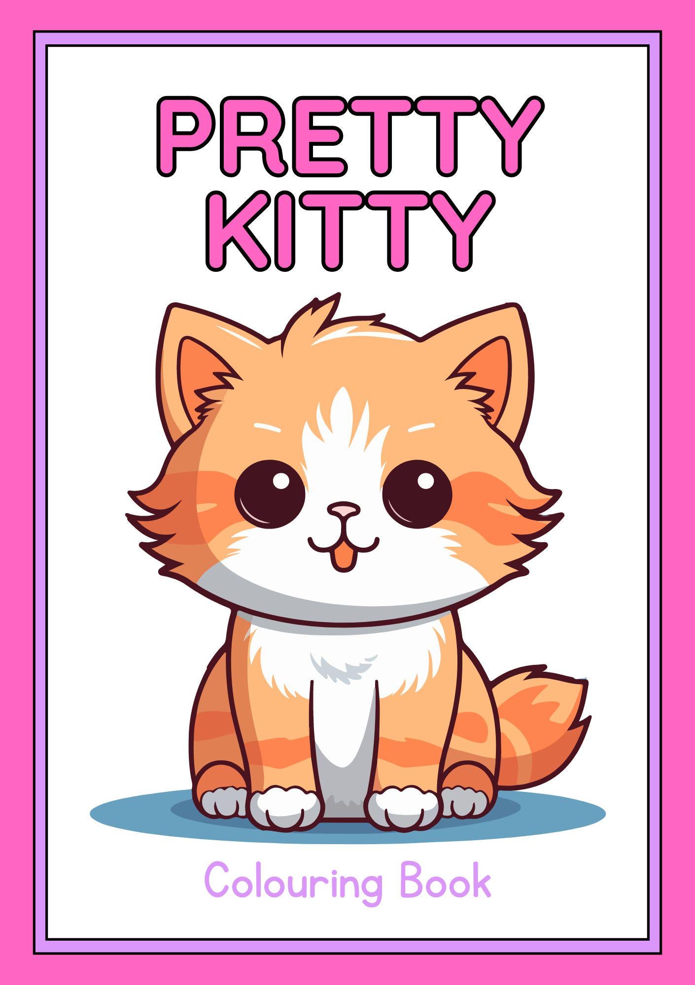 Cover of the 'Pretty Kitty' digital coloring book featuring a cute cartoon image of a orange and white cat with the title text 'Pretty Kitty Colouring Book'.