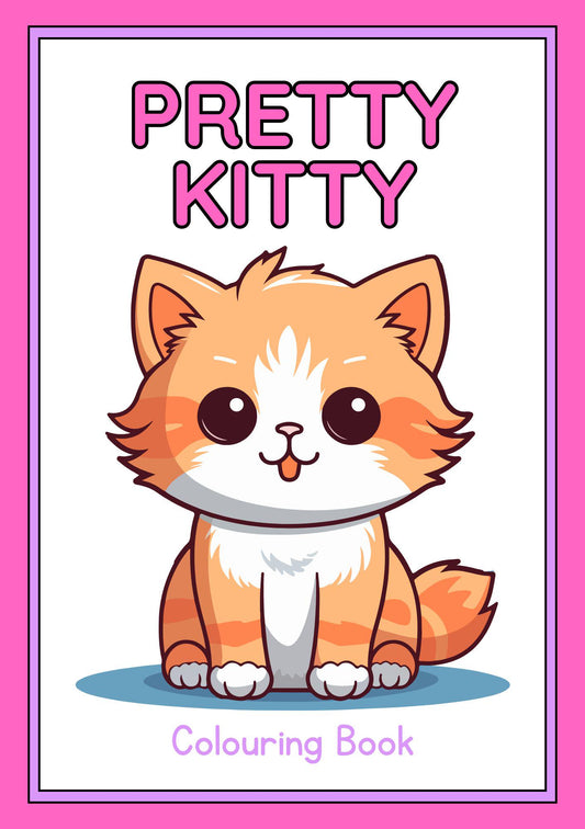 Cover of the 'Pretty Kitty' digital coloring book featuring a cute cartoon image of a orange and white cat with the title text 'Pretty Kitty Colouring Book'.
