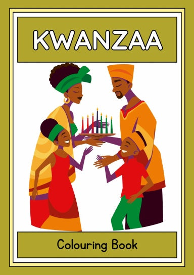 Cover of the Kwanzaa Colouring Book depicting an illustration of a family celebrating Kwanzaa with a lit kinara.
