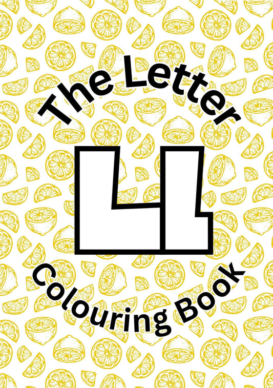 Cover of 'The Letter L Digital Colouring Book' featuring text and a pattern of citrus fruit slices.