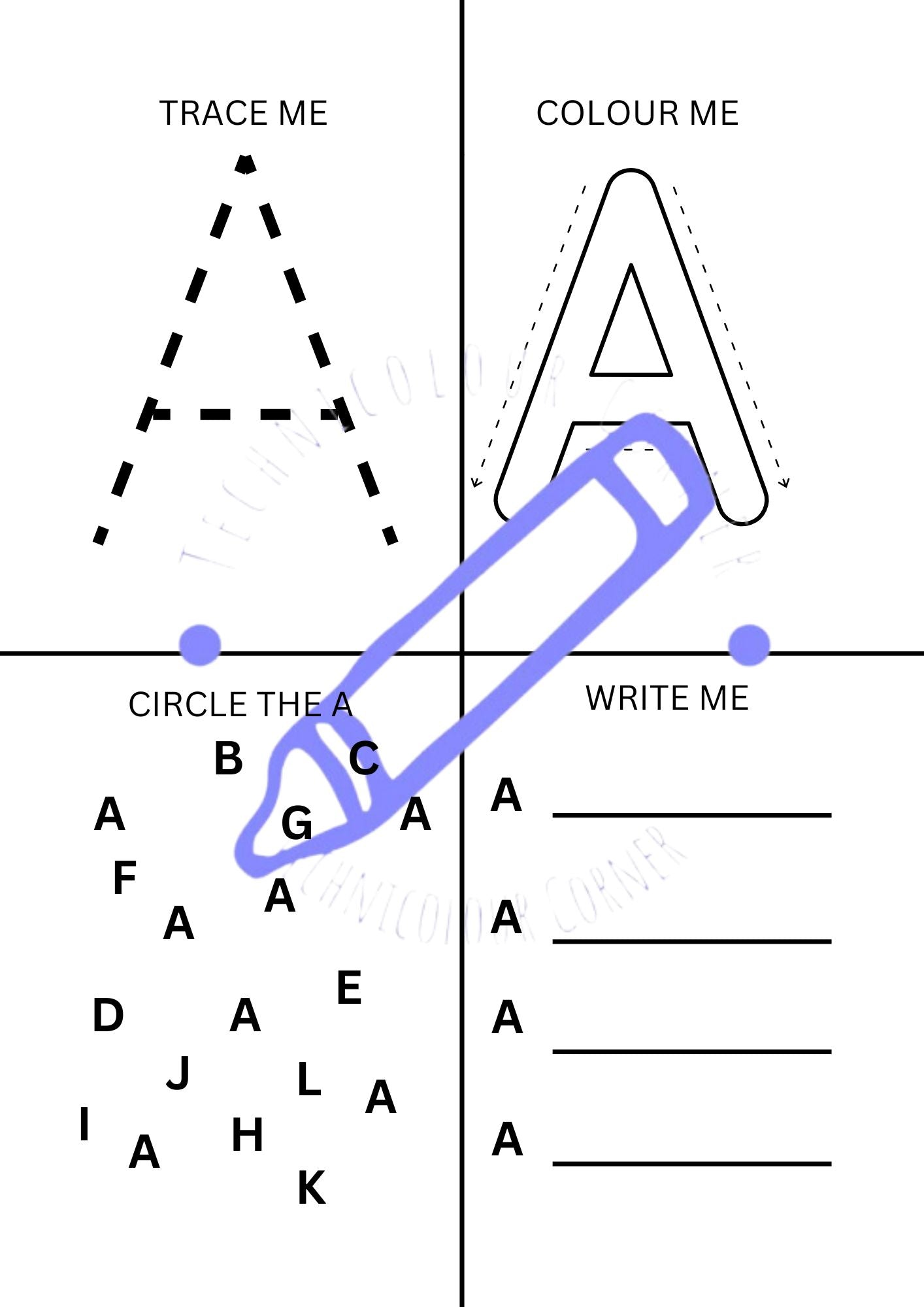 A sample alphabet tracing worksheet showing various activities for toddlers, including tracing and coloring letters.