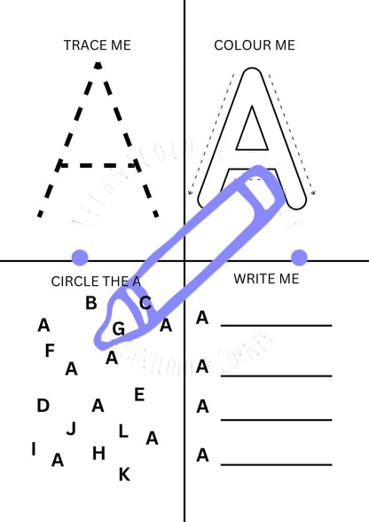 A sample alphabet tracing worksheet showing various activities for toddlers, including tracing and coloring letters.