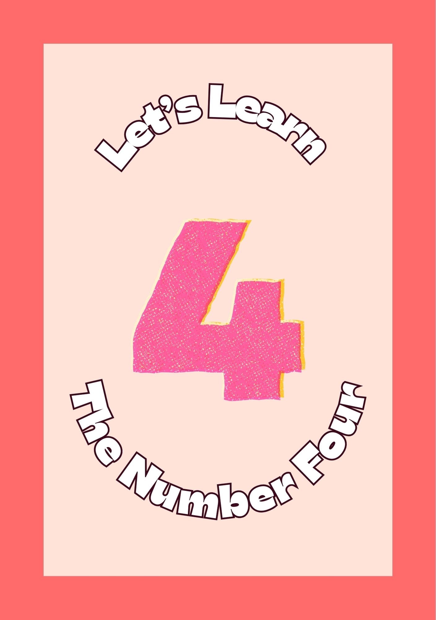 Card with 'Let's Learn the Number Four' text and a pink number four on a pink background