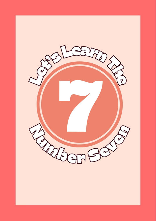 Educational poster with 'Let's Learn The Number Seven' text and a large number 7 on a pink background.
