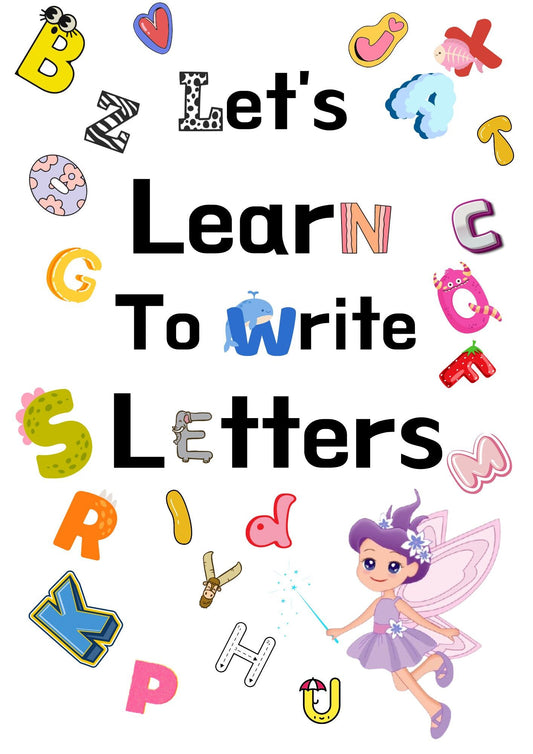 Cover of a children's educational book titled 'Let's Learn To Write Letters', featuring a fairy character and colorful letter illustrations.