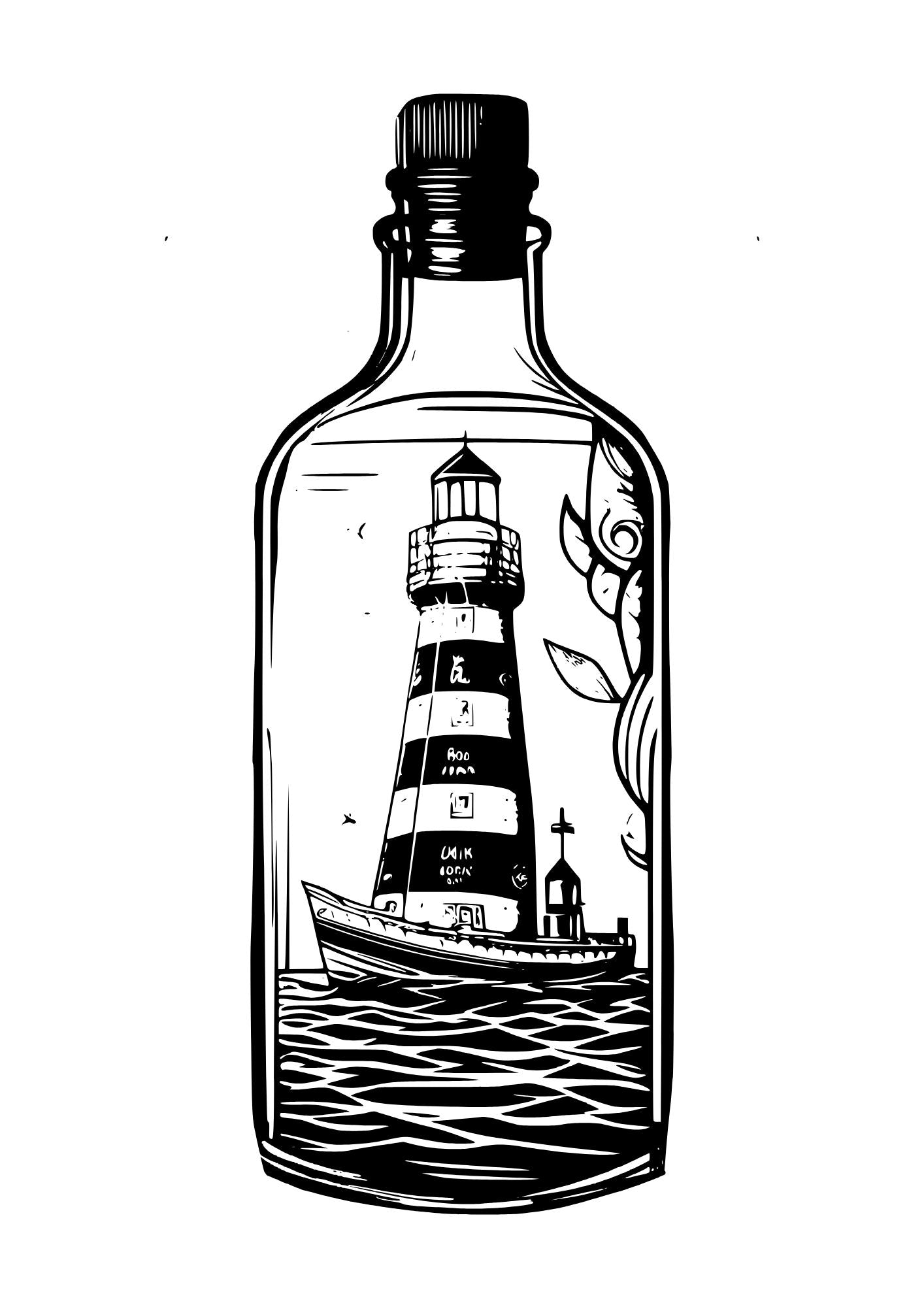 colouring page of a light house on a ship at sea in a bottle