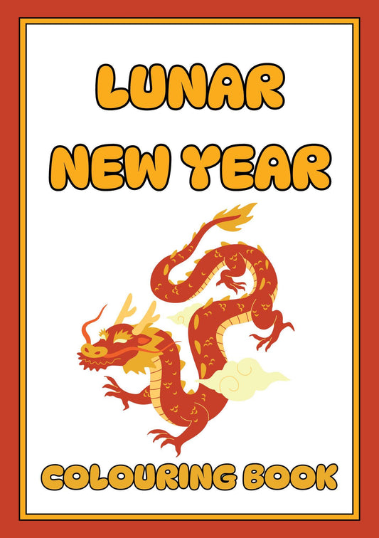 Cover of the 'Lunar New Year Digital Colouring Book' featuring a red and orange dragon illustration against a yellow background with text.