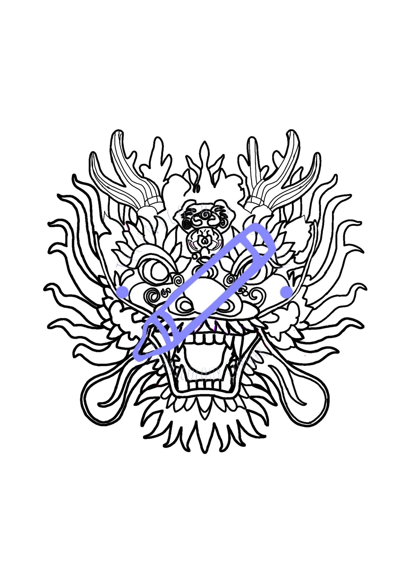 hand drawn colouring page of a dragon mask to celebrate the lunar new year