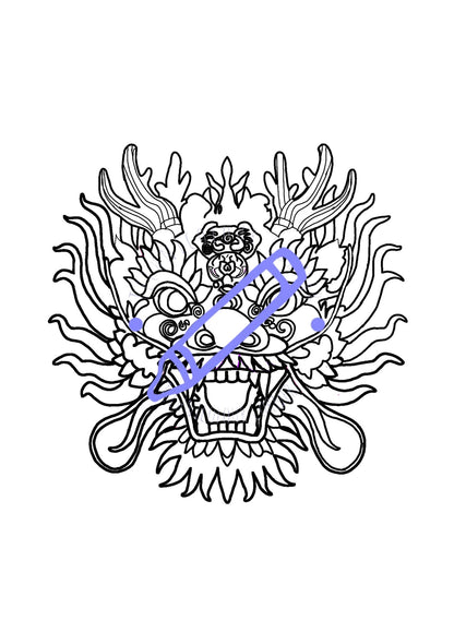 hand drawn colouring page of a dragon mask to celebrate the lunar new year