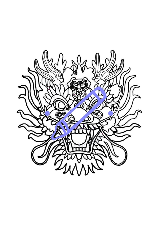 hand drawn colouring page of a dragon mask to celebrate the lunar new year