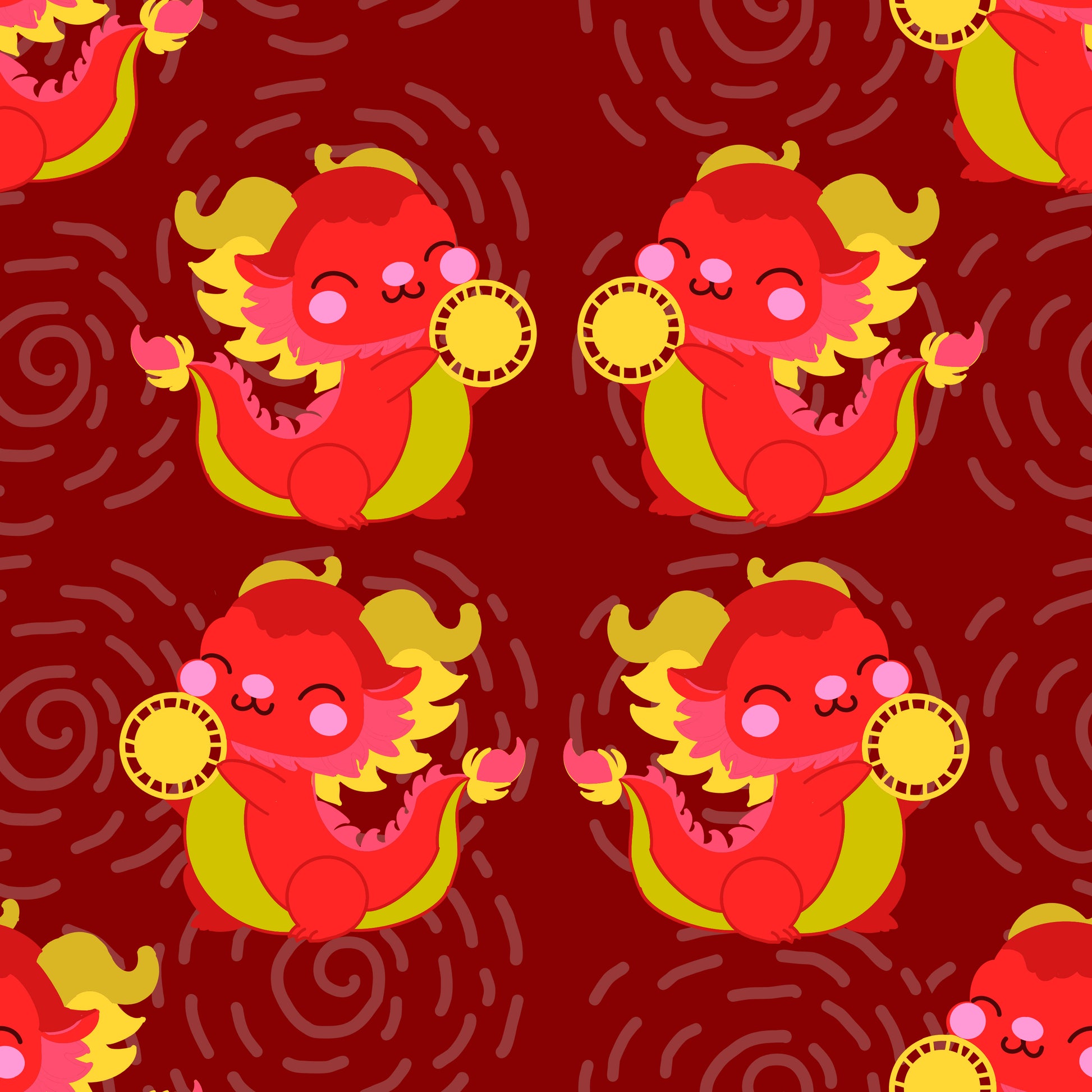 Seamless file hand drawn by technicolour corner showing cartoon dragons on a red background celebrating lunar new year