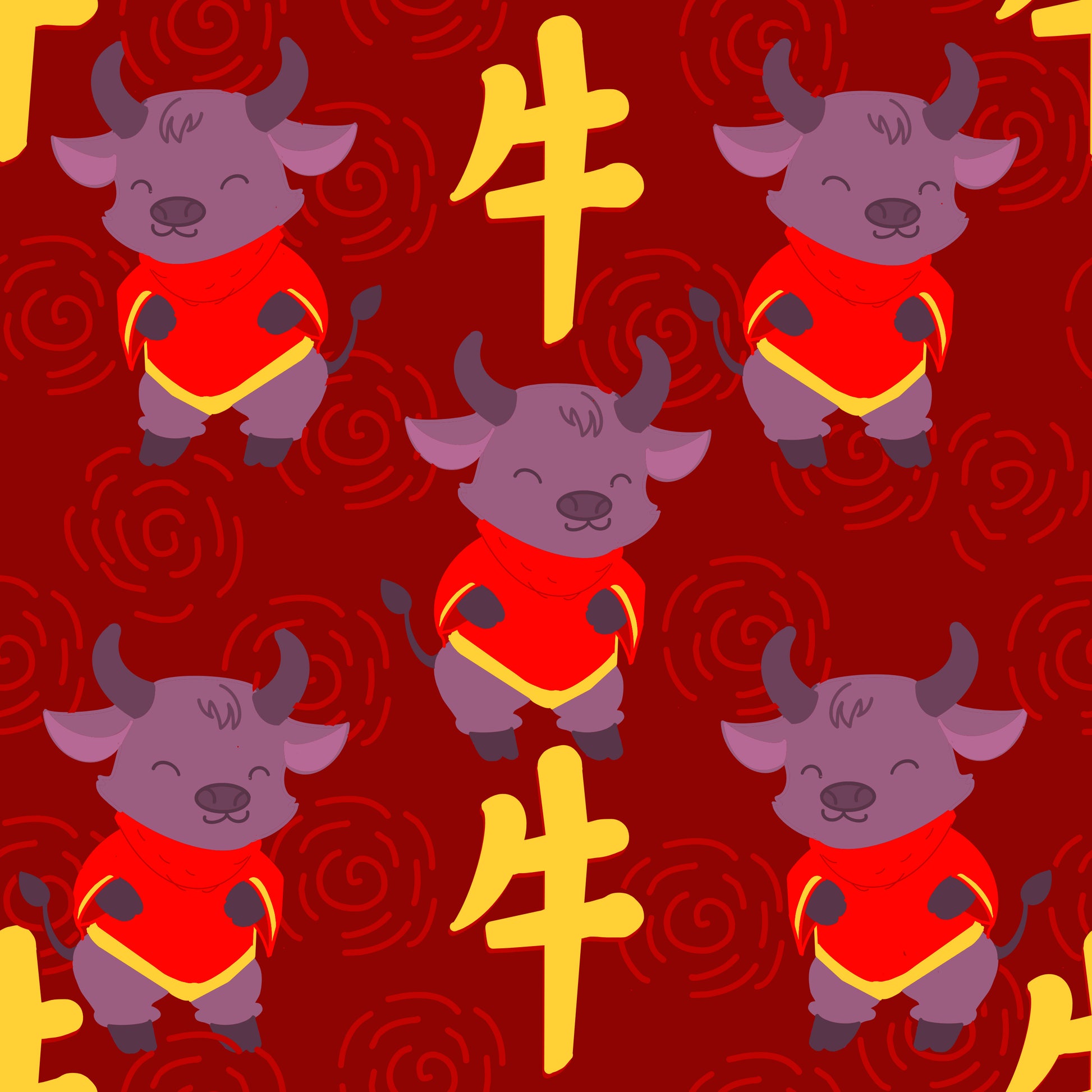 A hand drawn seamless file from technicolour corner showing happy ox on a red background celebrating a lunar new year