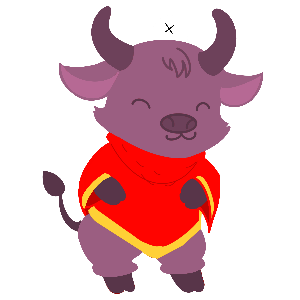 Cartoon bull character wearing a red outfit with yellow trim gift tag