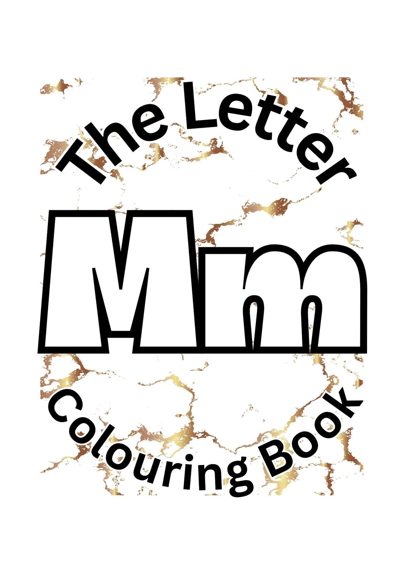 Cover of 'The Letter M Colouring Book' featuring large letter M's in a bold typeface with a marble pattern background.