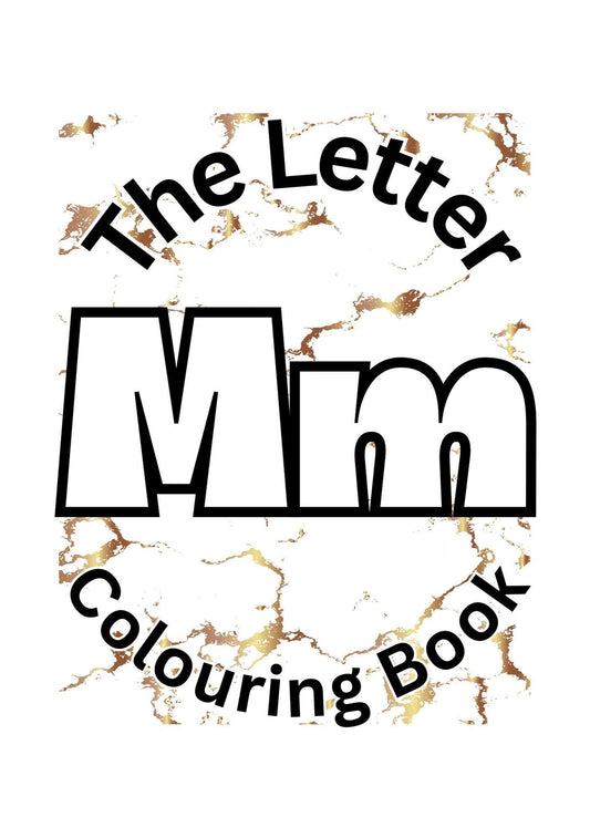 Cover of 'The Letter M Colouring Book' featuring large letter M's in a bold typeface with a marble pattern background.