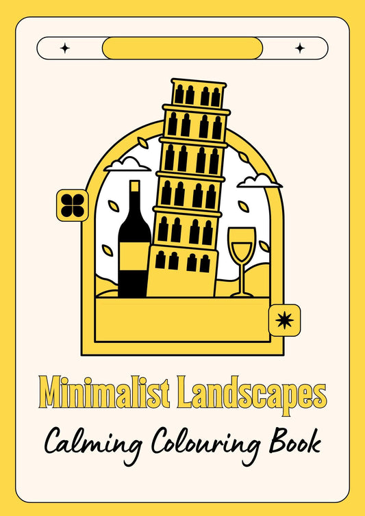 Cover of the 'Minimalist Landscapes Calming Colouring Book' featuring a stylized illustration of a landscape with a tower, tree, and wine glass.