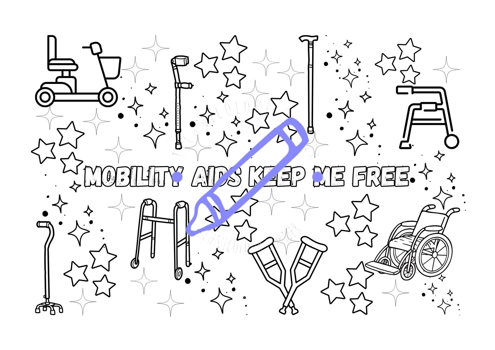 A coloring page with various illustrations of mobility aids such as wheelchairs, canes, and walkers, surrounded by stars, with the text 'MOBILITY AIDS KEEP ME FREE' and a blue crayon print.