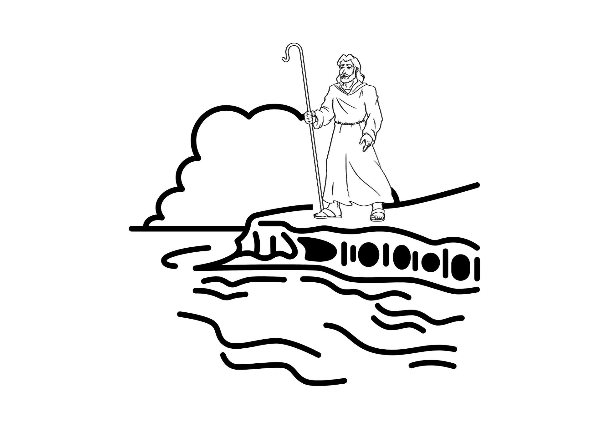 Illustration of a person standing on water holding a staff, with a cloud in the background.