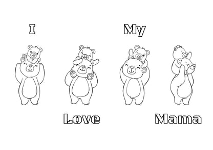 Mama bear downloadable colouring page for mothers day showing a mother bear and her cub in four different poses 