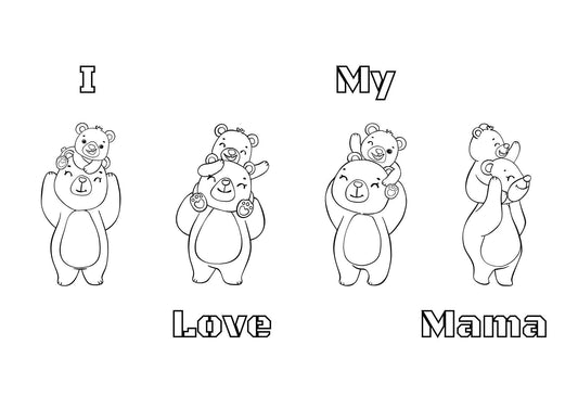 Mama bear downloadable colouring page for mothers day showing a mother bear and her cub in four different poses 