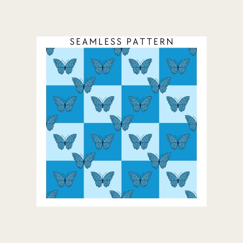Pattern of blue butterflies on a blue and white checkered background with 'Seamless Pattern' text.