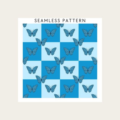 Pattern of blue butterflies on a blue and white checkered background with 'Seamless Pattern' text.