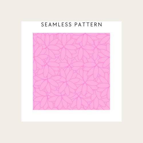 Pink floral pattern on a beige background with 'Seamless Pattern' text.
