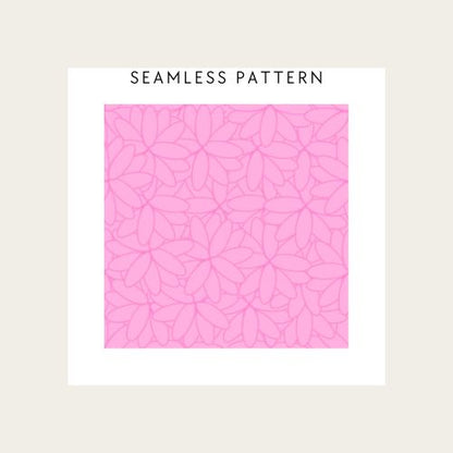 Pink floral pattern on a beige background with 'Seamless Pattern' text.