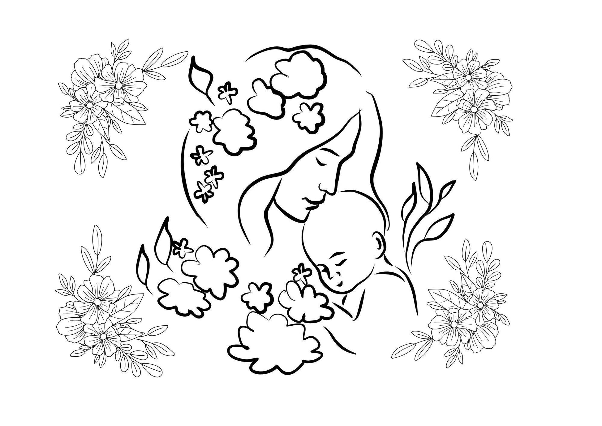 a digital download colouring page of a mother with her baby cradled to her chest with florals in each corner