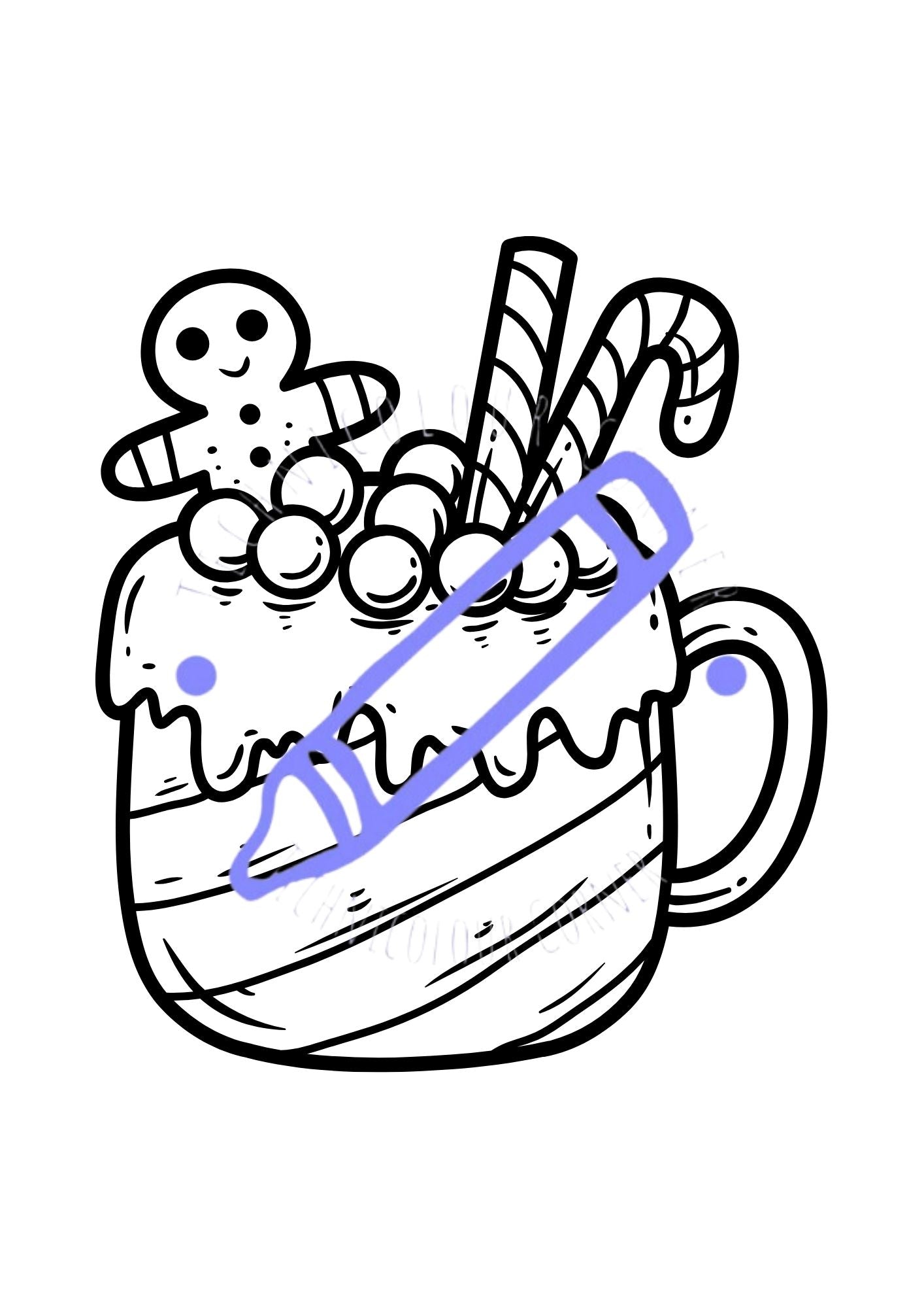 a mug of hot chocolate with marsh mellows and a gingerbread man and a candy cane colouring age