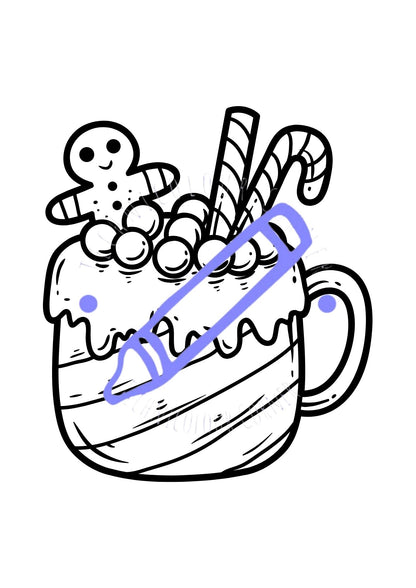 a mug of hot chocolate with marsh mellows and a gingerbread man and a candy cane colouring age