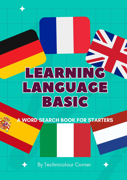 Cover of a book titled 'Learning Language Basic' featuring flags of various countries and the title text indicating a word search book for learning languages.