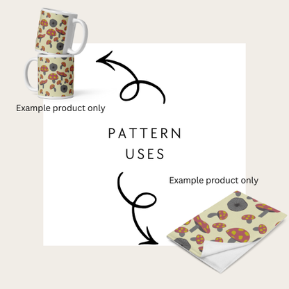 mushroom Patterned mug, notebook, and envelope on a white background with text 'Pattern Uses'.