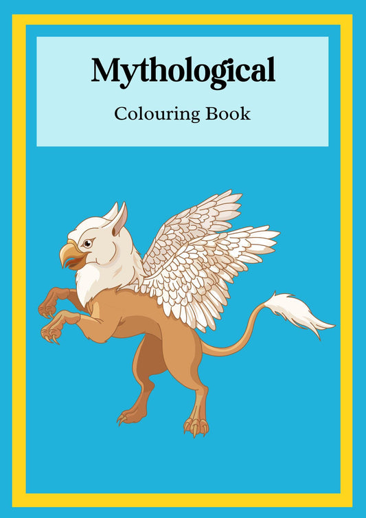 The cover of a coloring book titled 'Mythological Colouring Book', featuring a colorful illustration of a Pegasus.