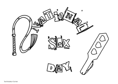 Black and white line art illustration celebrating National Sex Day, featuring a flogger, a knife, and stylized text on a plain white background.