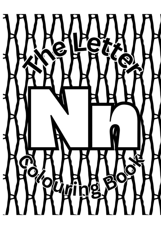 Cover of 'The Letter N Colouring Book' featuring stylized letter N and related imagery.