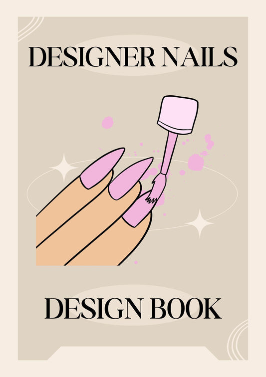 Cover of a digital designer nails pattern design book with an illustration of a hand applying pink nail polish on long nails with stars and hearts around it.