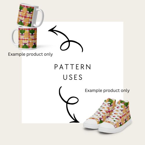 Patterned mug and high-top sneakers with text 'Pattern Uses' on a white background as examples of how to use the neeps and tatties burns night seamless pattern