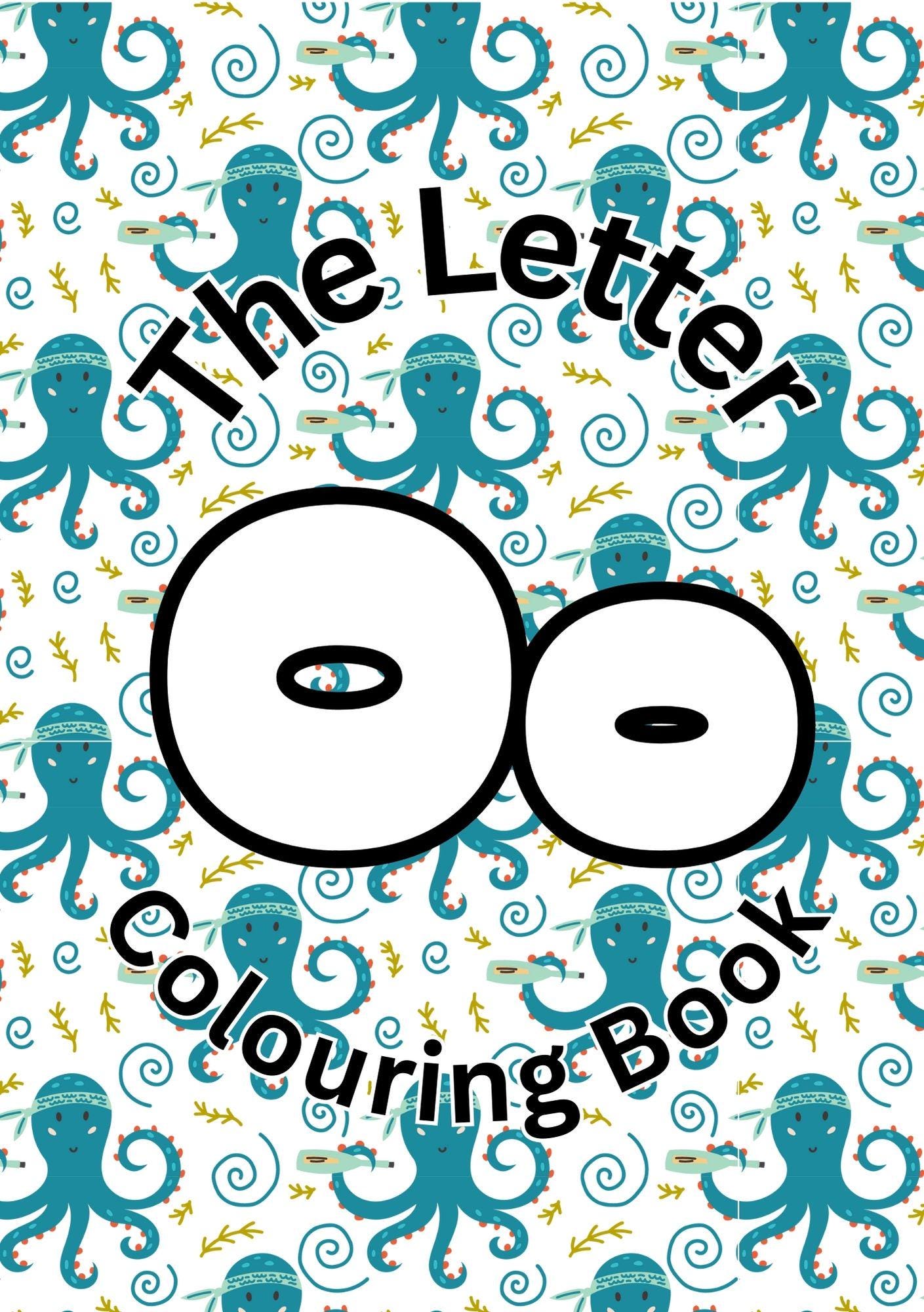 Cover of 'The Letter O Colouring Book' featuring stylized letter O's and blue octopuses pattern